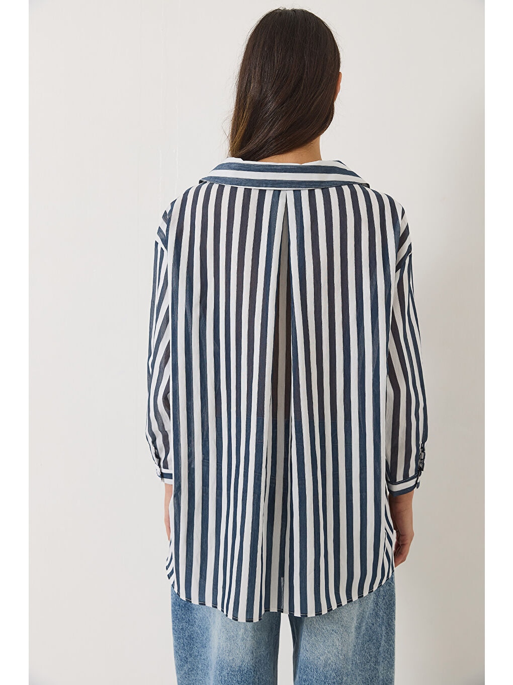 Lacivert Kadın Çizgili Tek Cep Detaylı Oversize Gömlek-5