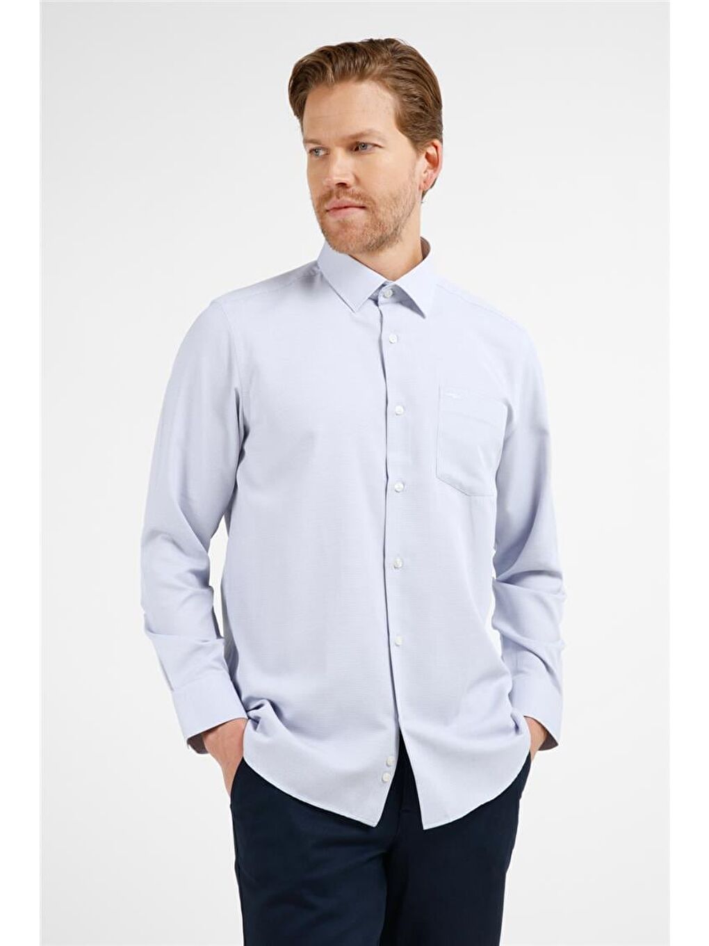 Lacivert Kendinden Desenli Sert Yaka Uzun Kol Cepli Comfort Fit Pamuklu Gömlek 1004255220