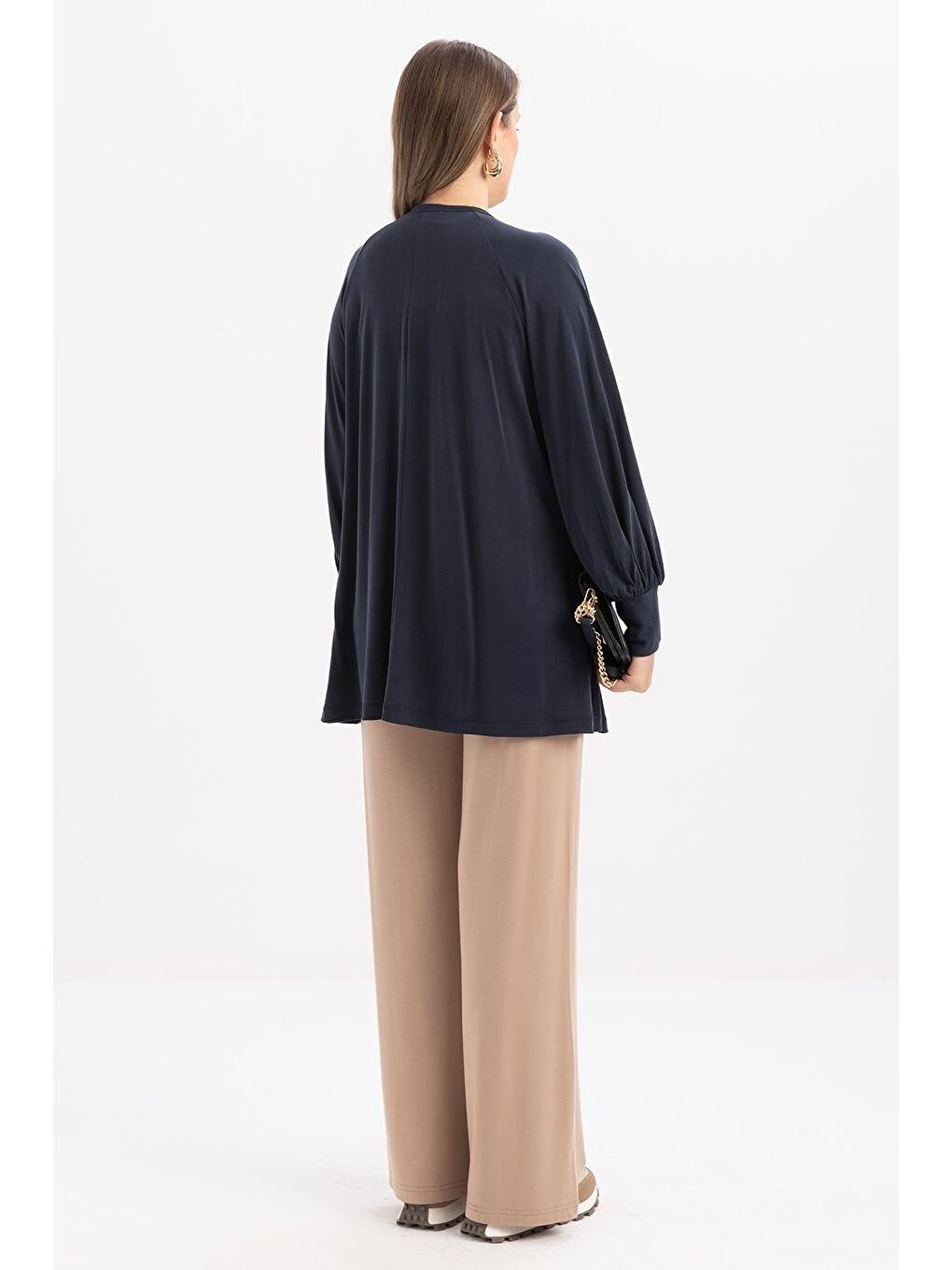 Lacivert-Pamuklu Kolları Büzgülü Uzun Kollu Elastanlı T-Shirt-3