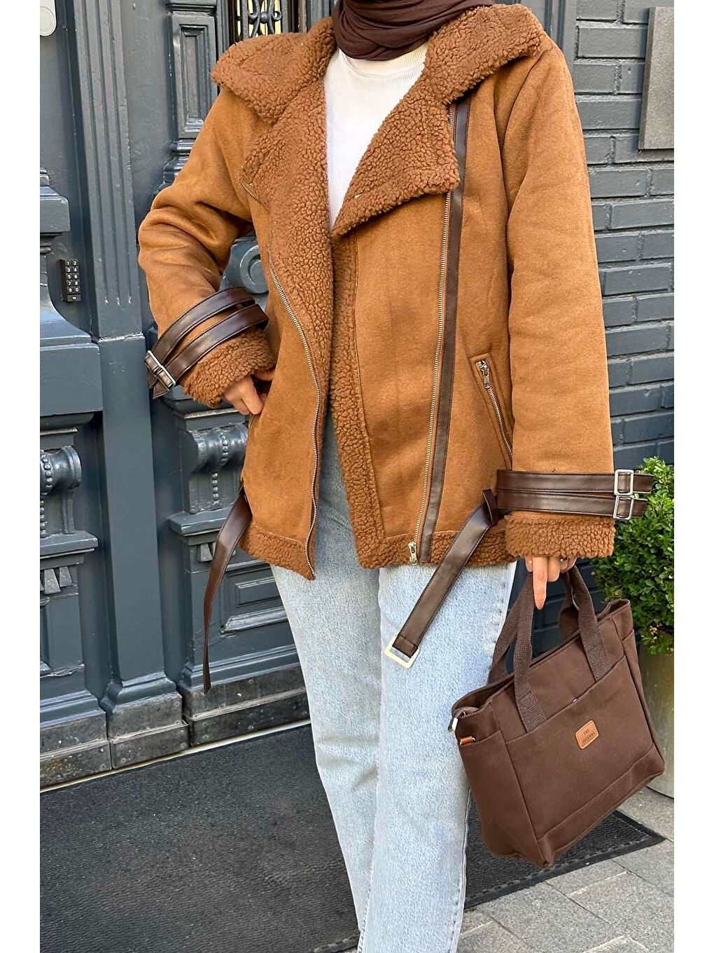 Kahverengi İçi Kürklü Biker Süet Mont Taba-1