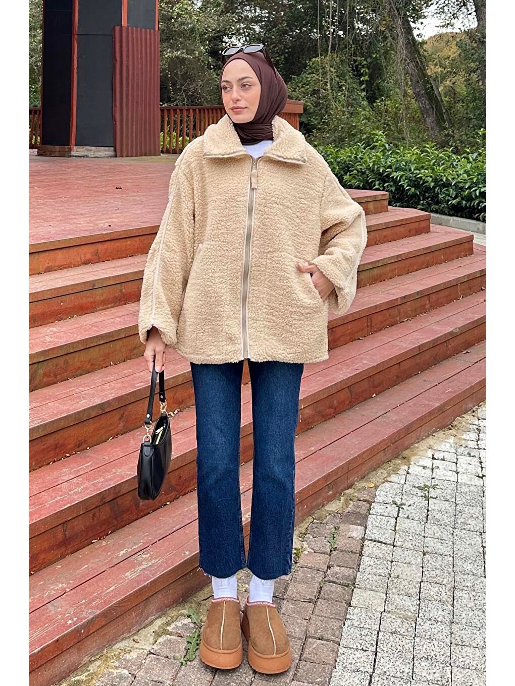 Kahverengi Biye Detaylı Tedy Pelüş Mont Sütlü Kahve