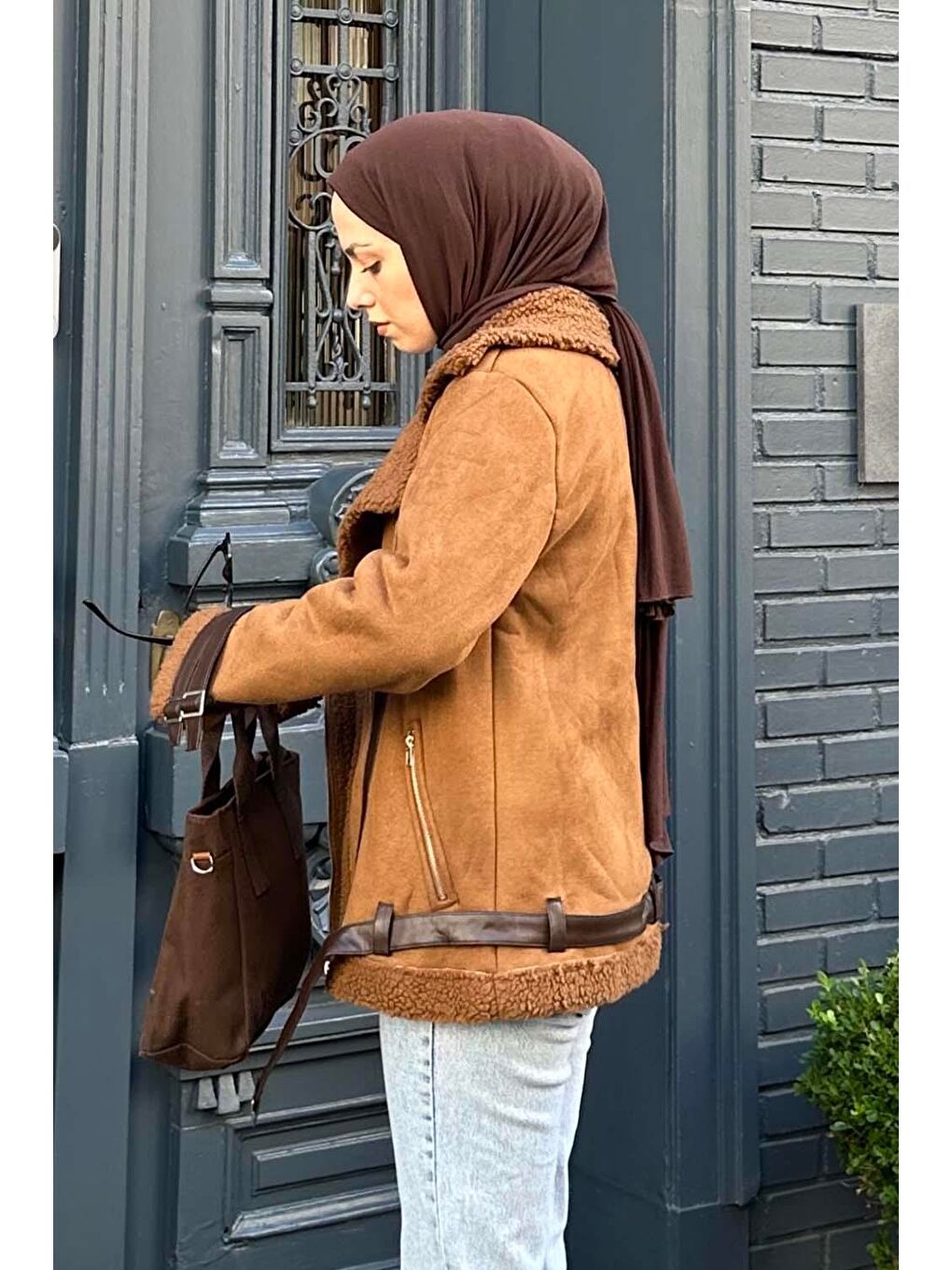 Kahverengi İçi Kürklü Biker Süet Mont Taba-2