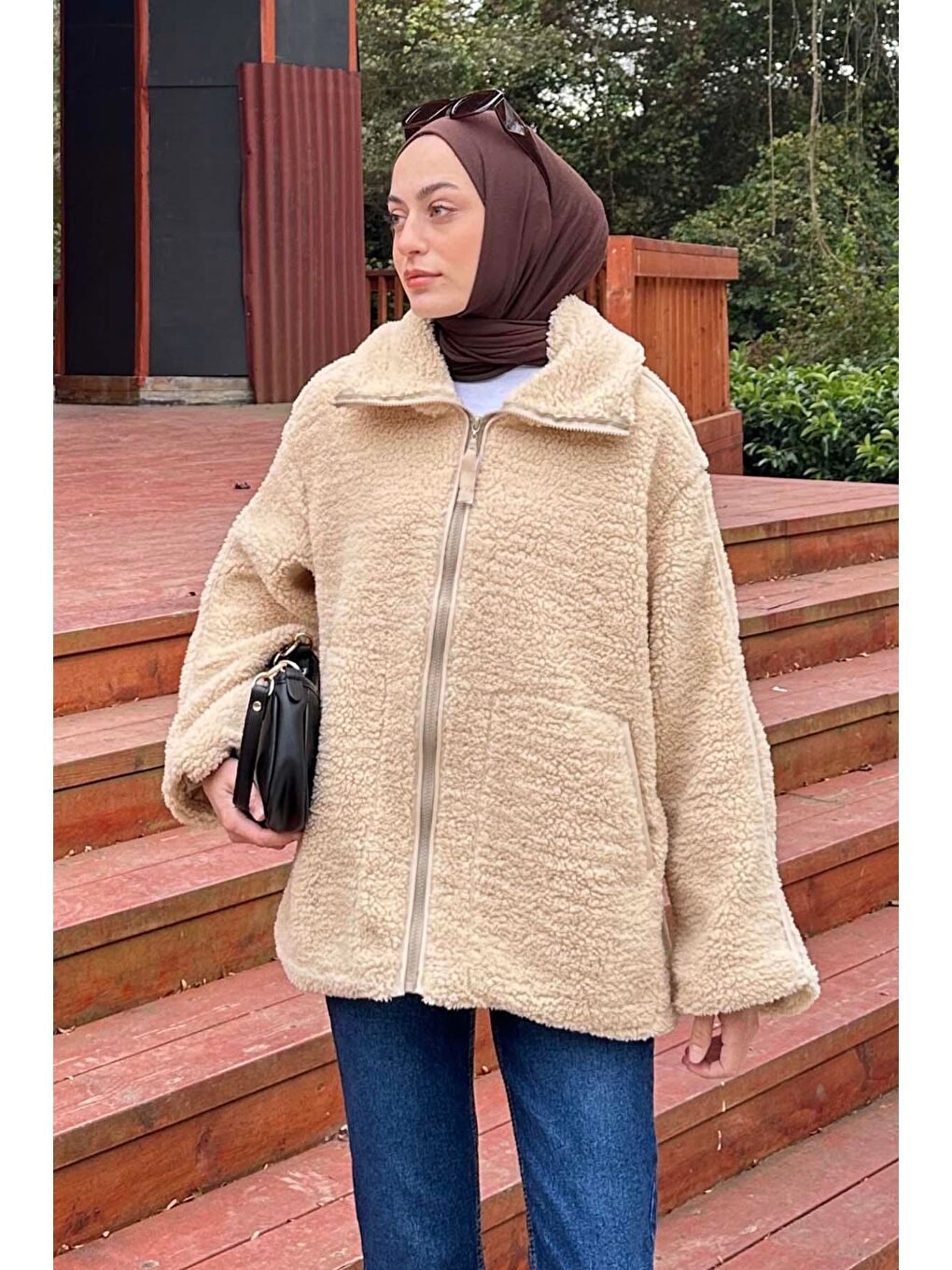 Kahverengi Biye Detaylı Tedy Pelüş Mont Sütlü Kahve-1