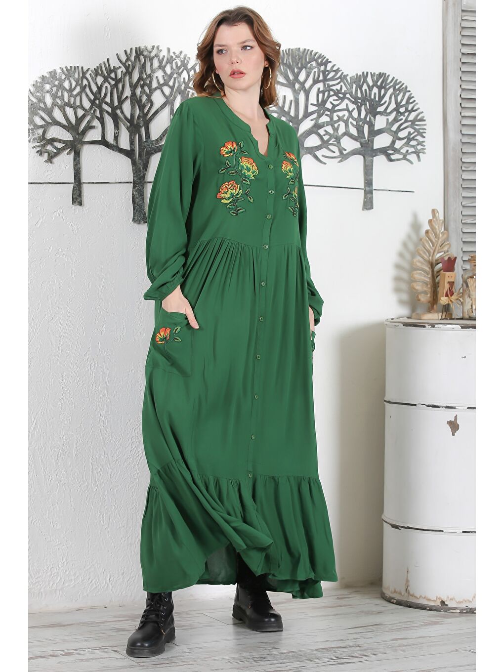 Çam Yeşili Hakim Yaka 3/4 Kol Düğmeli Nakışlı Casual Oversize Dokuma Elbise 140 58-2