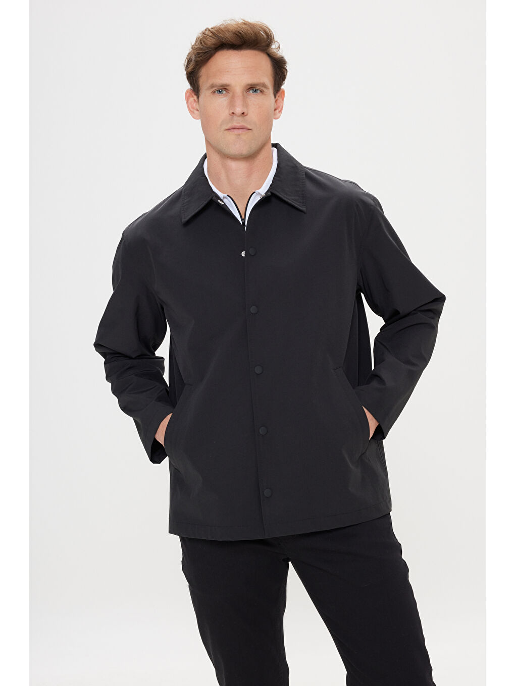 Erkek Siyah Standart Fit Normal Kesim Gömlek Yaka Cepli Rahat Mont-2