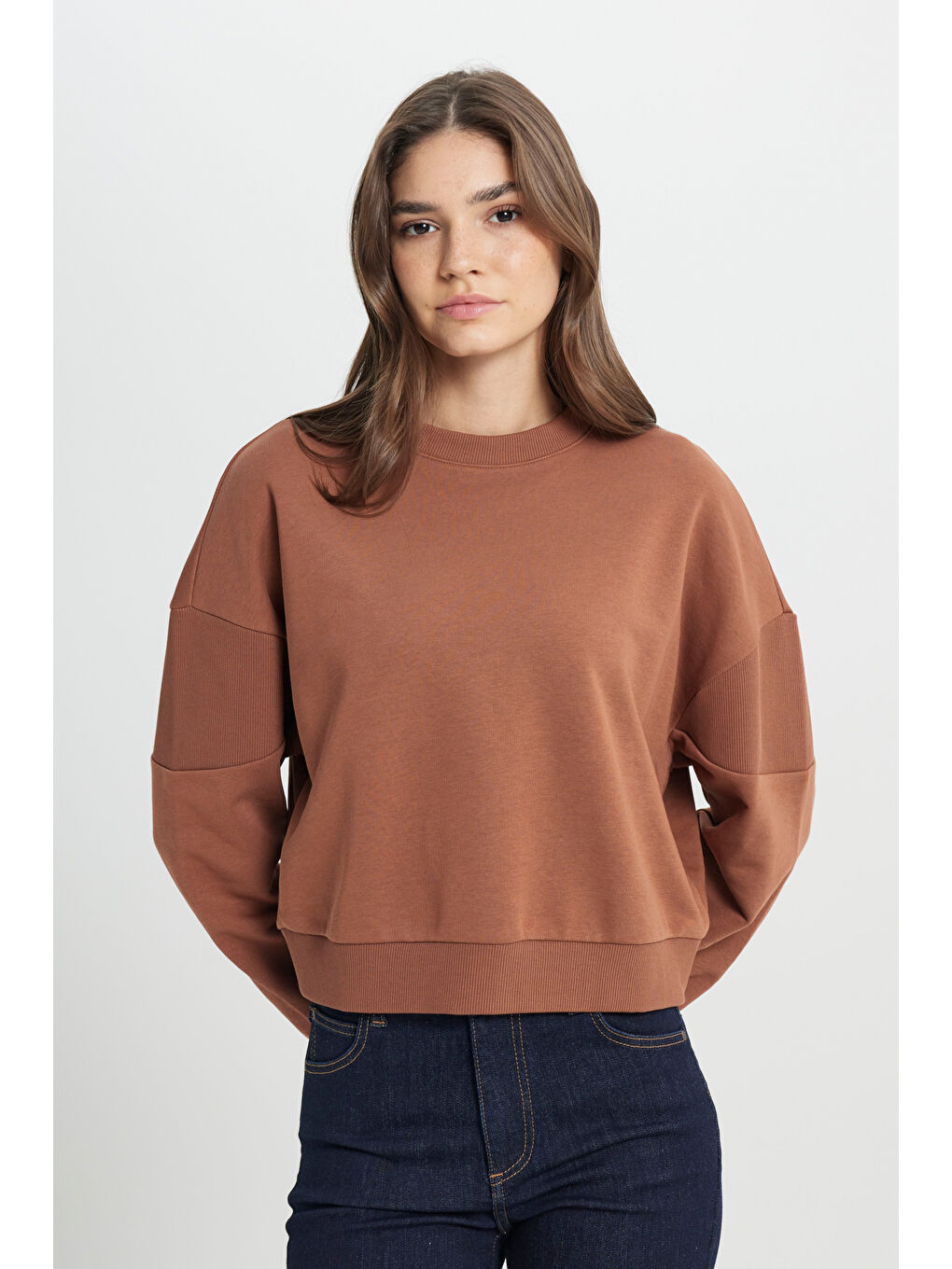 Kahverengi Relaxed Fit Geniş Kesim Bisiklet Yaka Deve Tüyü Sweatshirt-1