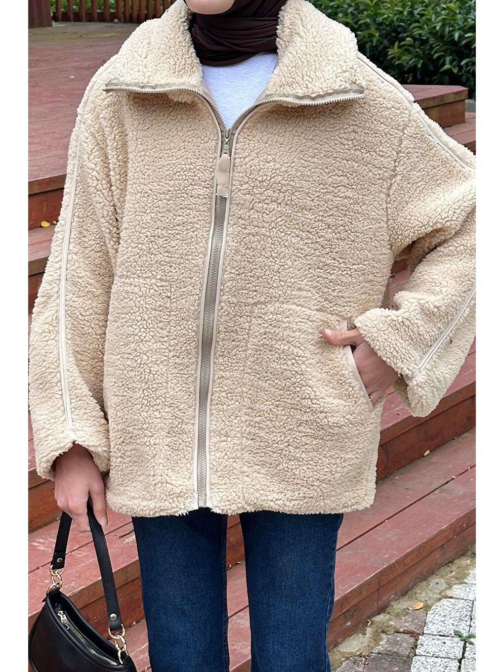 Kahverengi Biye Detaylı Tedy Pelüş Mont Sütlü Kahve-2