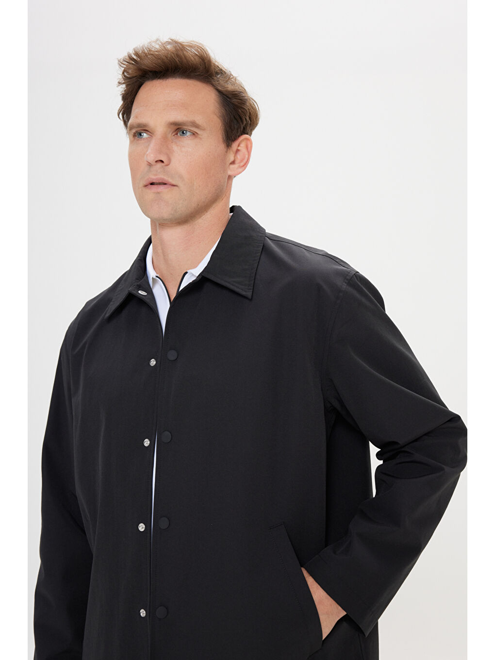 Erkek Siyah Standart Fit Normal Kesim Gömlek Yaka Cepli Rahat Mont-3