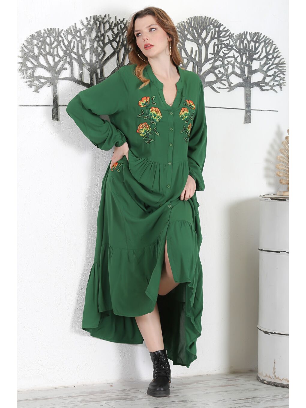 Çam Yeşili Hakim Yaka 3/4 Kol Düğmeli Nakışlı Casual Oversize Dokuma Elbise 140 58-6