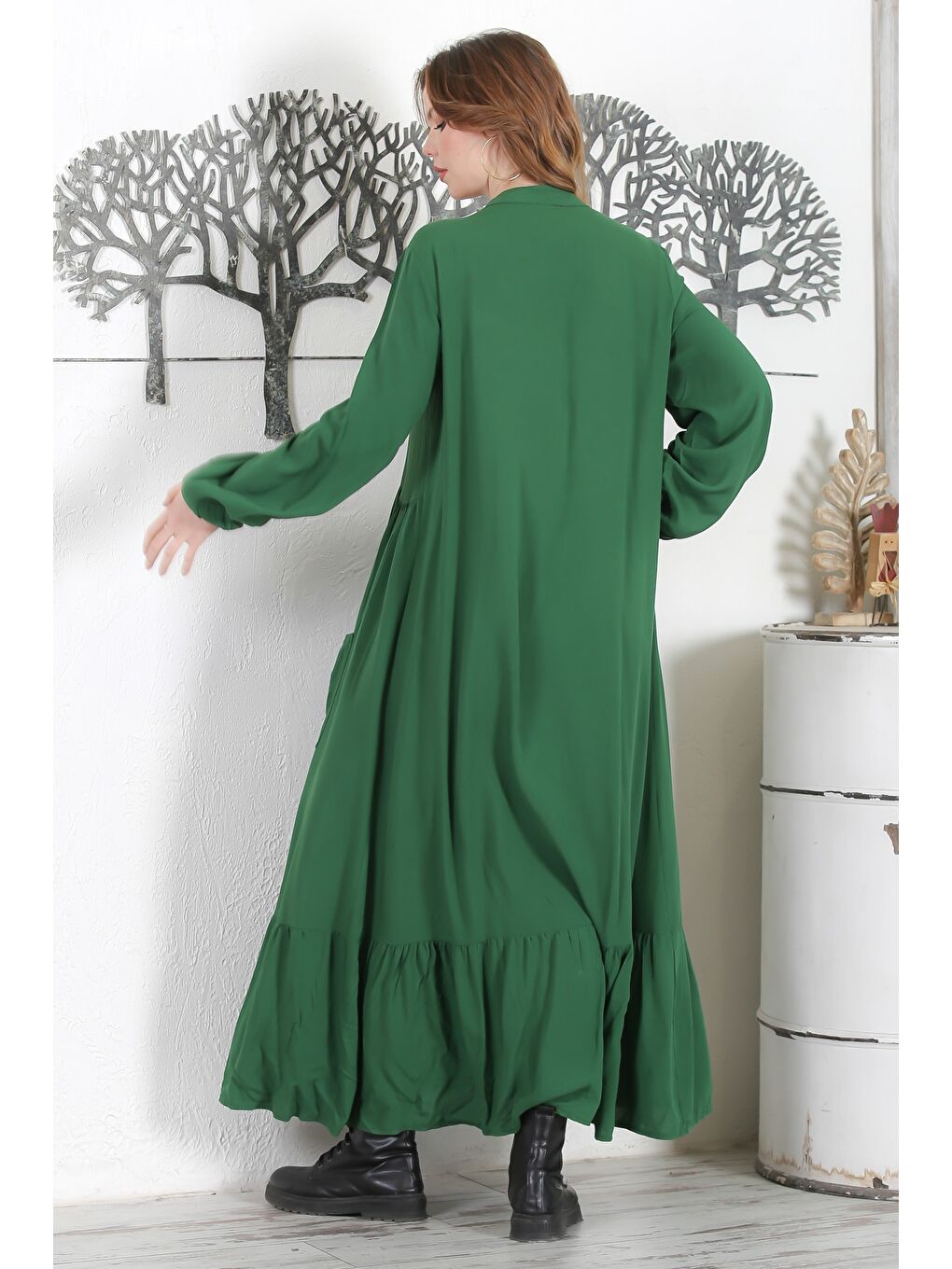 Çam Yeşili Hakim Yaka 3/4 Kol Düğmeli Nakışlı Casual Oversize Dokuma Elbise 140 58-7