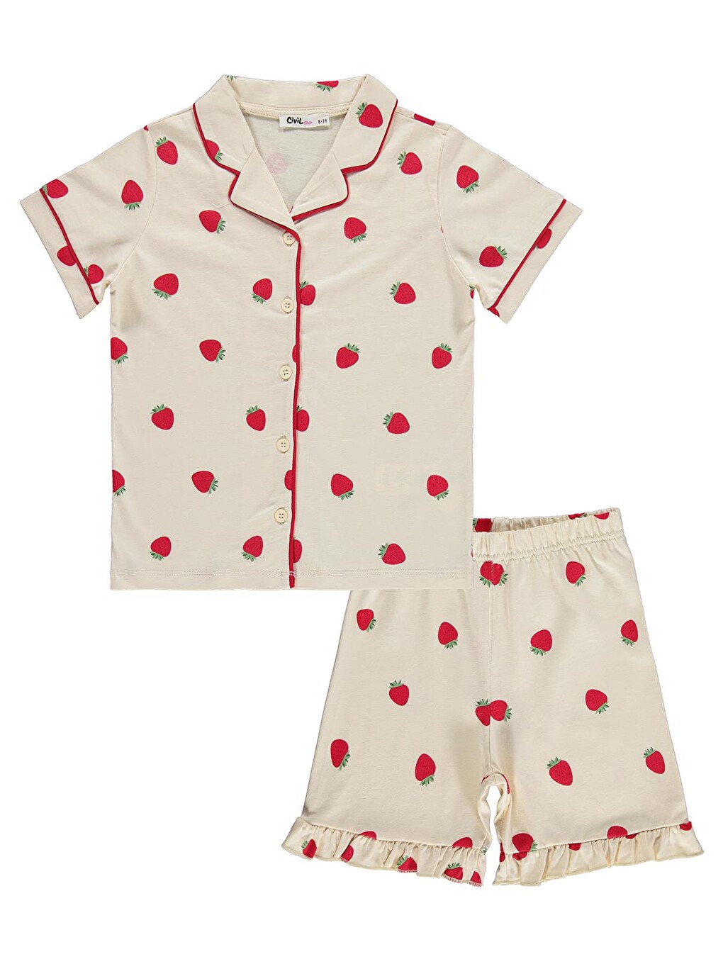 Bej Girls Çilek Desenli Şortlu 10-13 Yaş Pijama Takımı - Fil Dişi