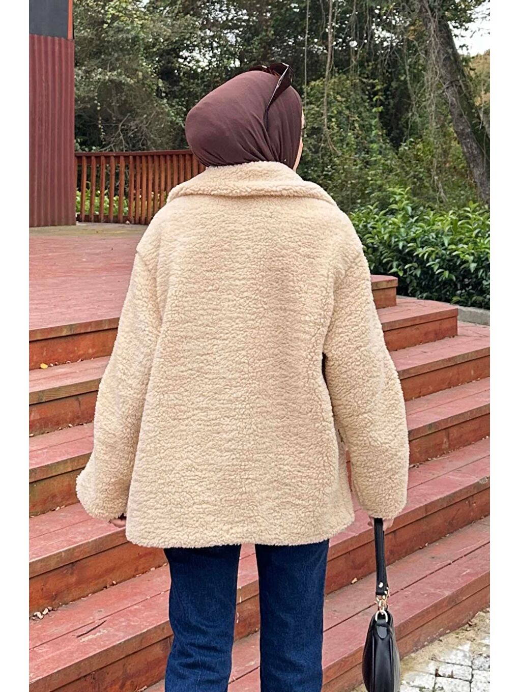 Kahverengi Biye Detaylı Tedy Pelüş Mont Sütlü Kahve-3