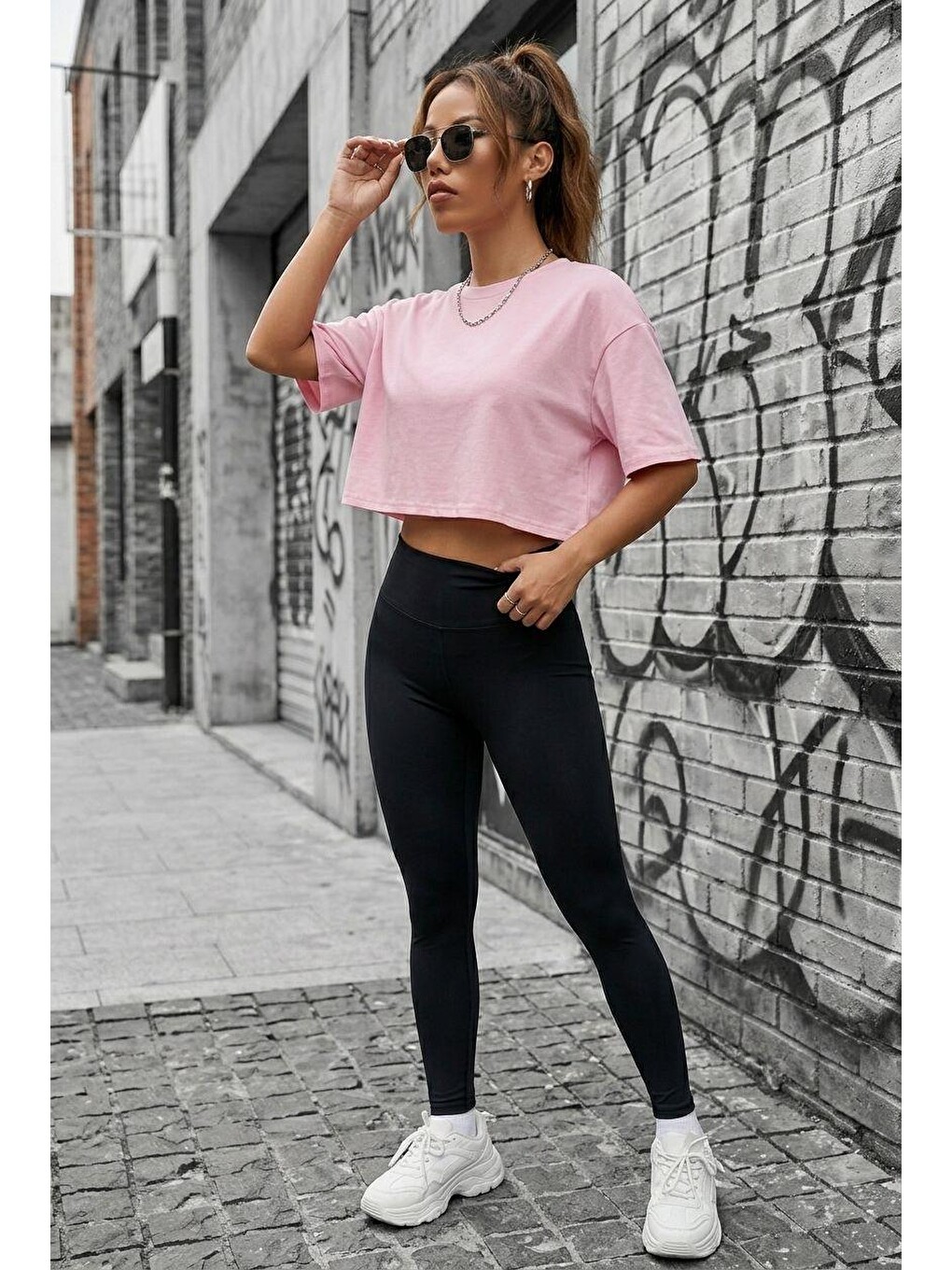 Pembe Cezyy Bisiklet Yaka Basic Oversize Crop Tişört - Pamuklu Rahat Kesim-1