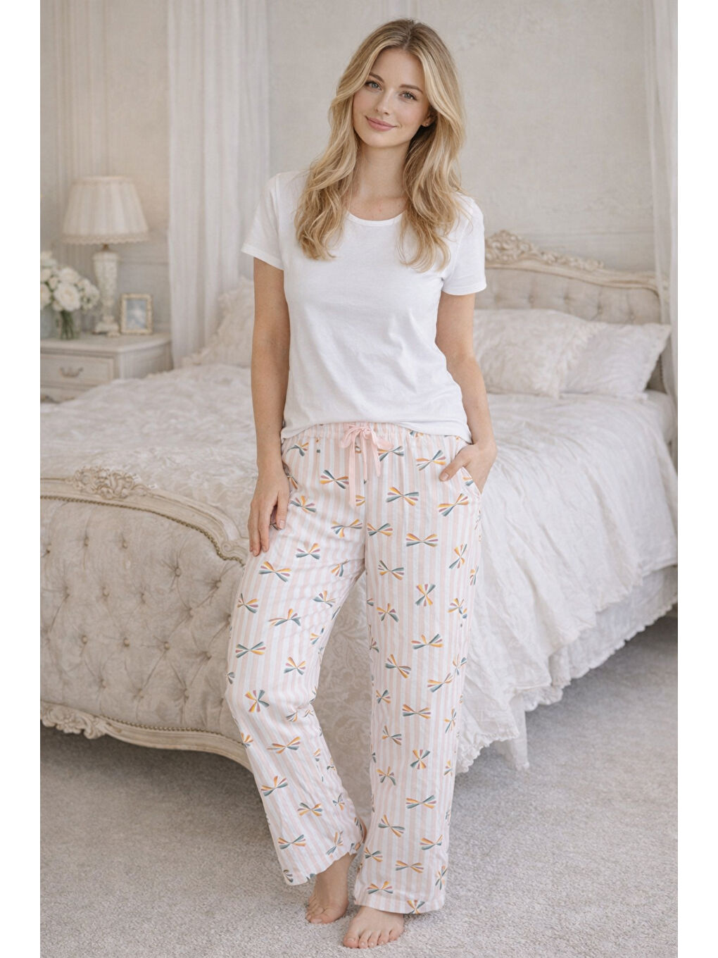 Kadın Viskon Kumaş Penye Tek Pijama Alt 06 Beyaz-1