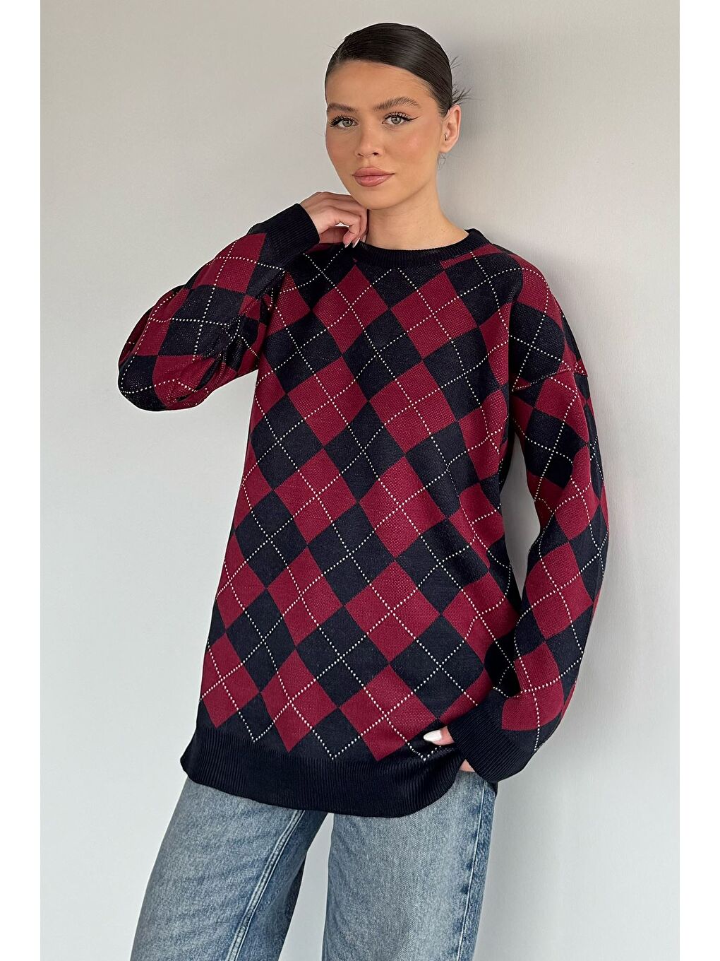 Bordo Kadın Ekose Desenli Bisiklet Yaka Triko Kazak