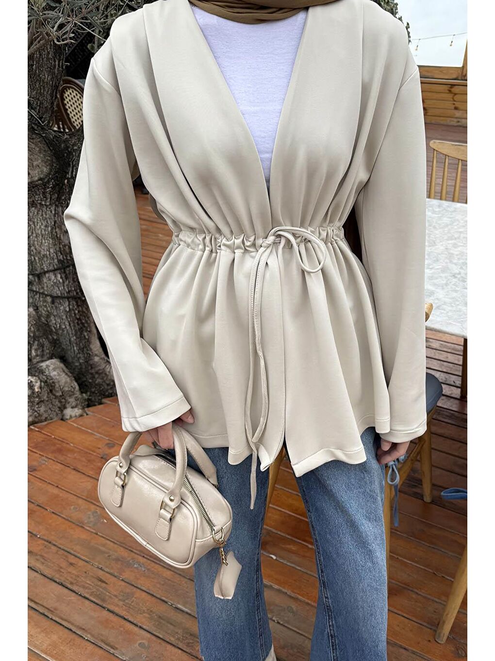 Bej Bağlama Detaylı Ceket Taş-2