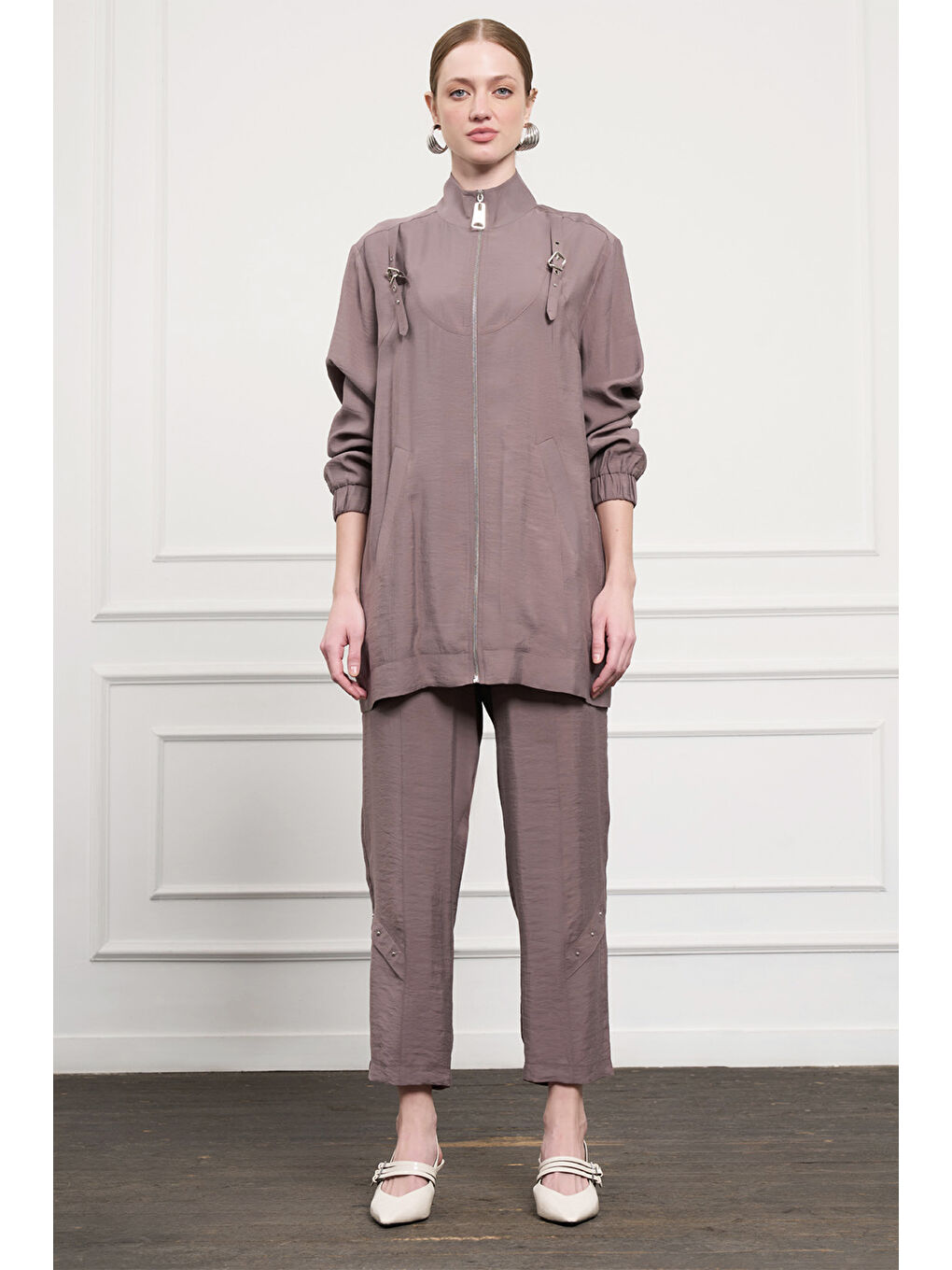 Fermuar Detay Pantolonlu Takım 1043 Kahverengi