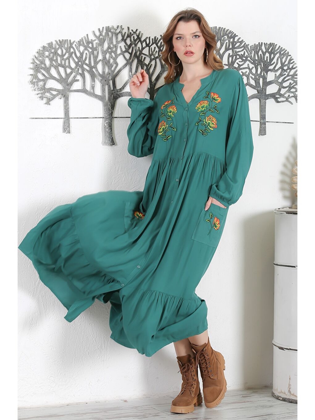 Petrol Mavisi Hakim Yaka 3/4 Kol Düğmeli Nakışlı Casual Oversize Dokuma Elbise 140 58