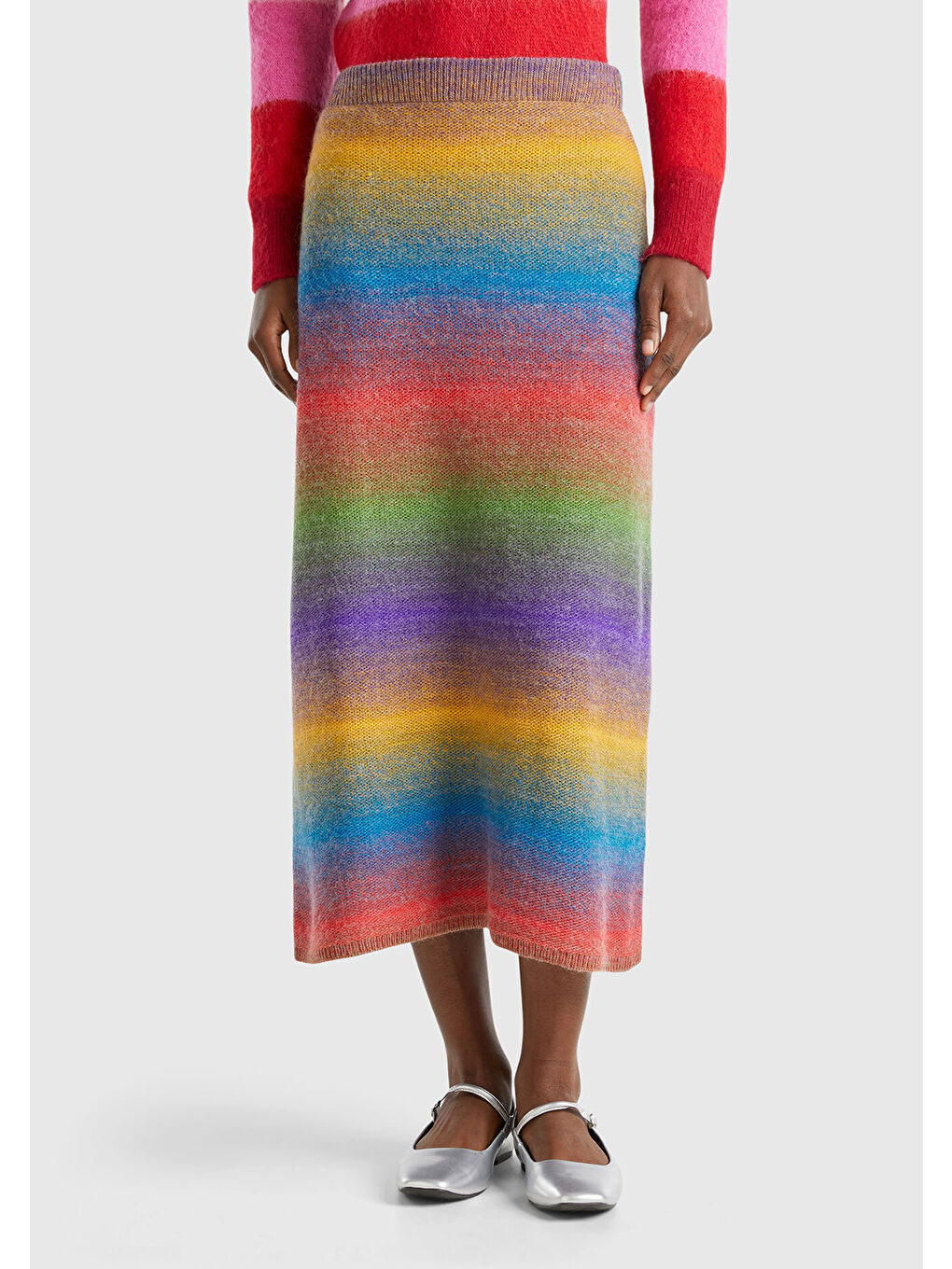 Kadın Yeşil Mix Yün Karışımlı Elastik Belli Çok Renkli Midi Etek-1