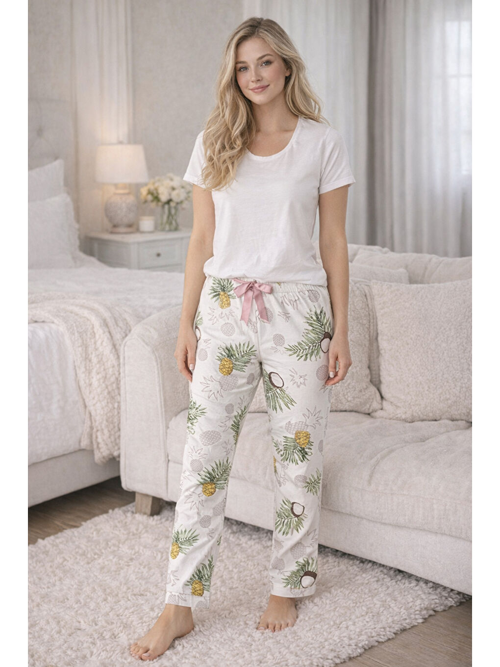 Kadın Viskon Kumaş Penye Tek Pijama Alt 05 Ekru-1