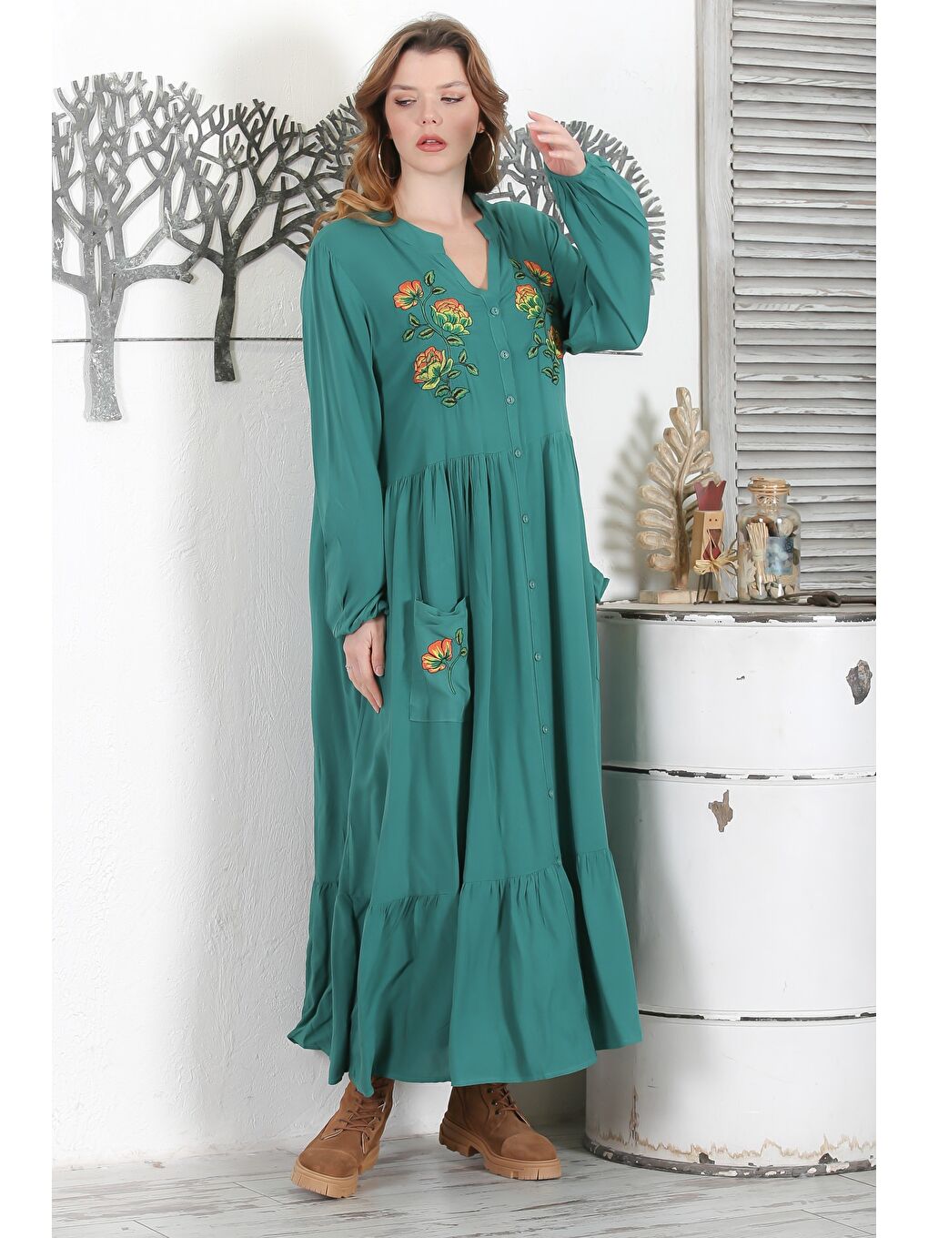 Petrol Mavisi Hakim Yaka 3/4 Kol Düğmeli Nakışlı Casual Oversize Dokuma Elbise 140 58-1