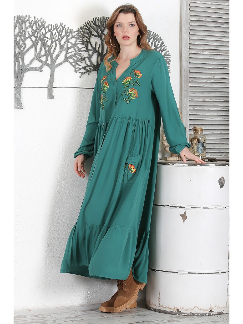 Petrol Mavisi Hakim Yaka 3/4 Kol Düğmeli Nakışlı Casual Oversize Dokuma Elbise 140 58-2