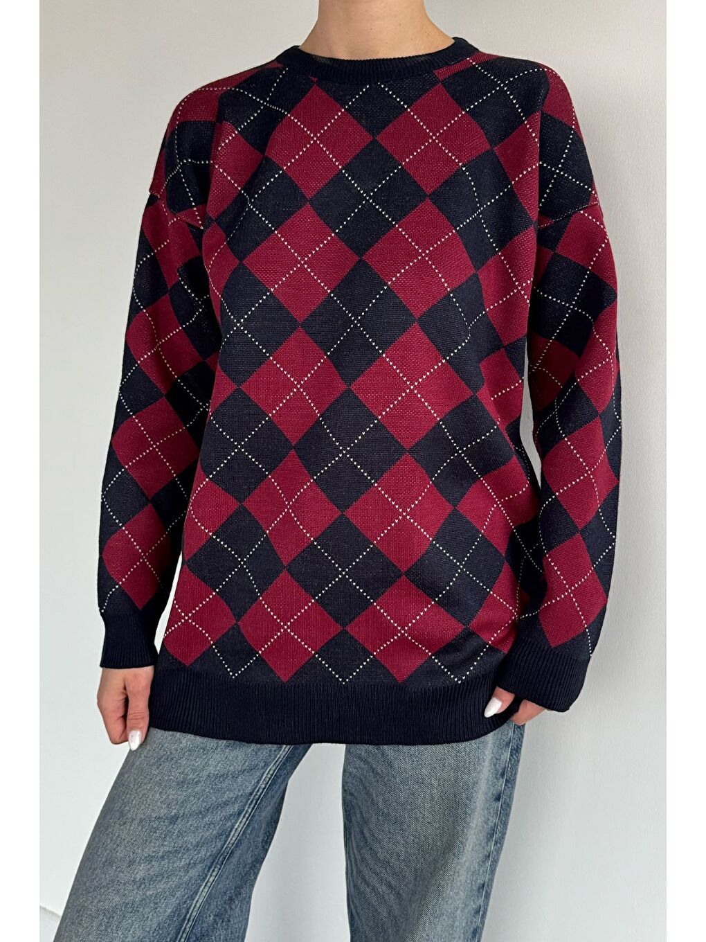 Bordo Kadın Ekose Desenli Bisiklet Yaka Triko Kazak-1