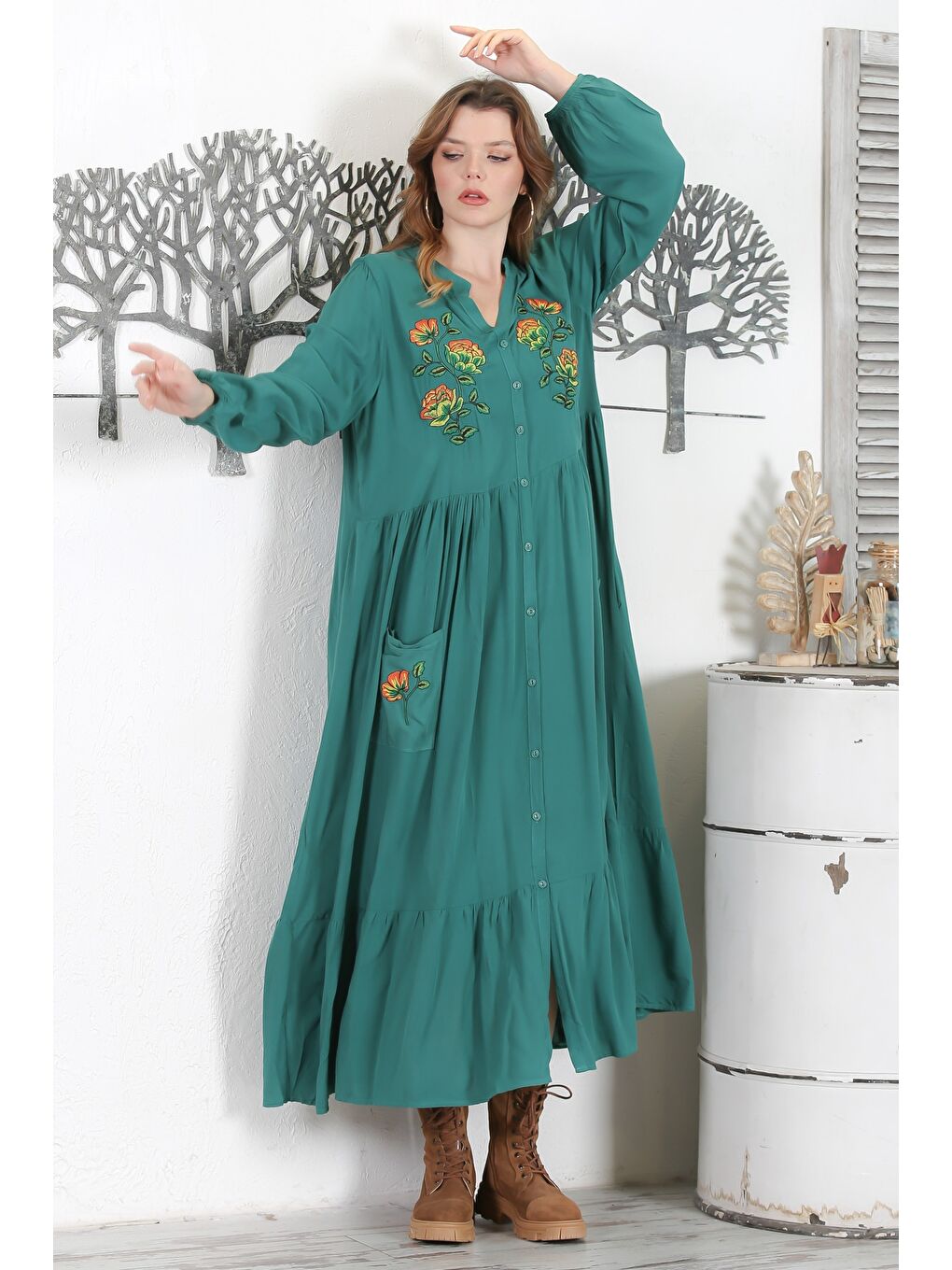 Petrol Mavisi Hakim Yaka 3/4 Kol Düğmeli Nakışlı Casual Oversize Dokuma Elbise 140 58-4