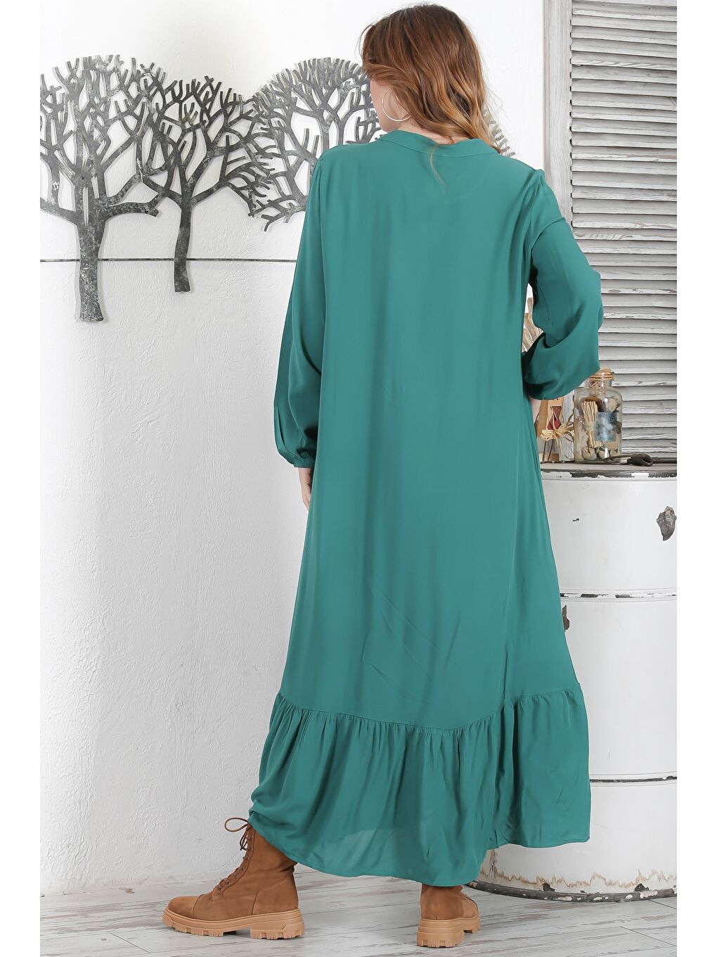 Petrol Mavisi Hakim Yaka 3/4 Kol Düğmeli Nakışlı Casual Oversize Dokuma Elbise 140 58-5