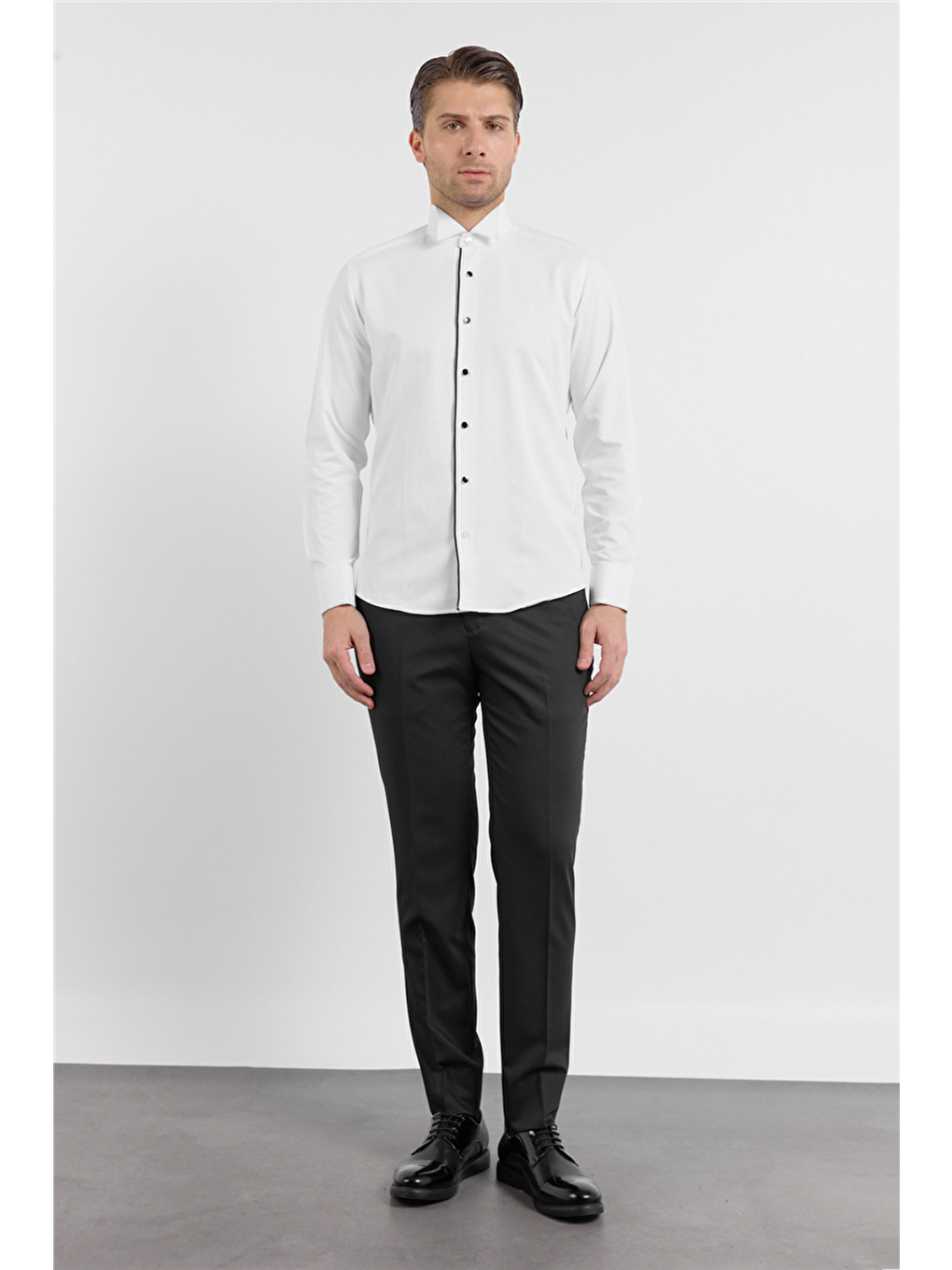 Beyaz Uzun Kol Ata Yaka Düz Pamuklu Slim Fit Gömlek 1004260215-1