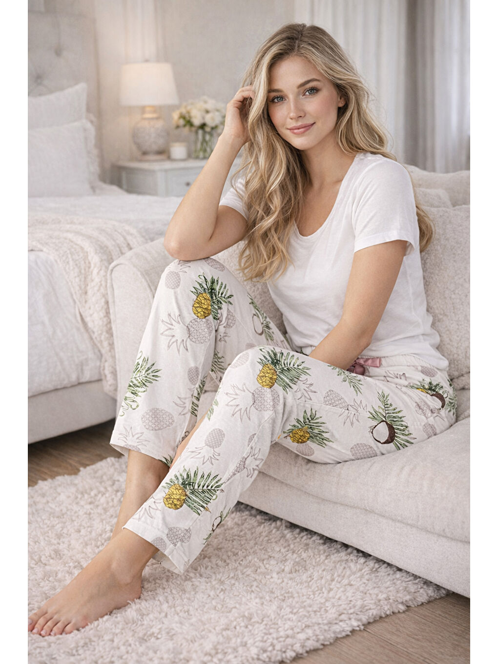 Kadın Viskon Kumaş Penye Tek Pijama Alt 05 Ekru-2