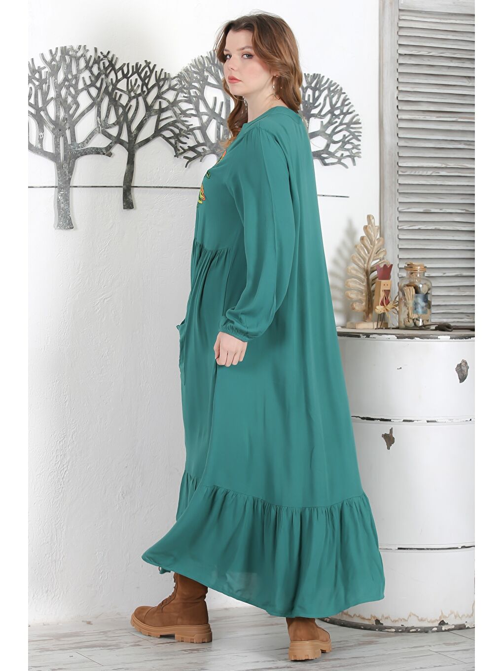 Petrol Mavisi Hakim Yaka 3/4 Kol Düğmeli Nakışlı Casual Oversize Dokuma Elbise 140 58-6