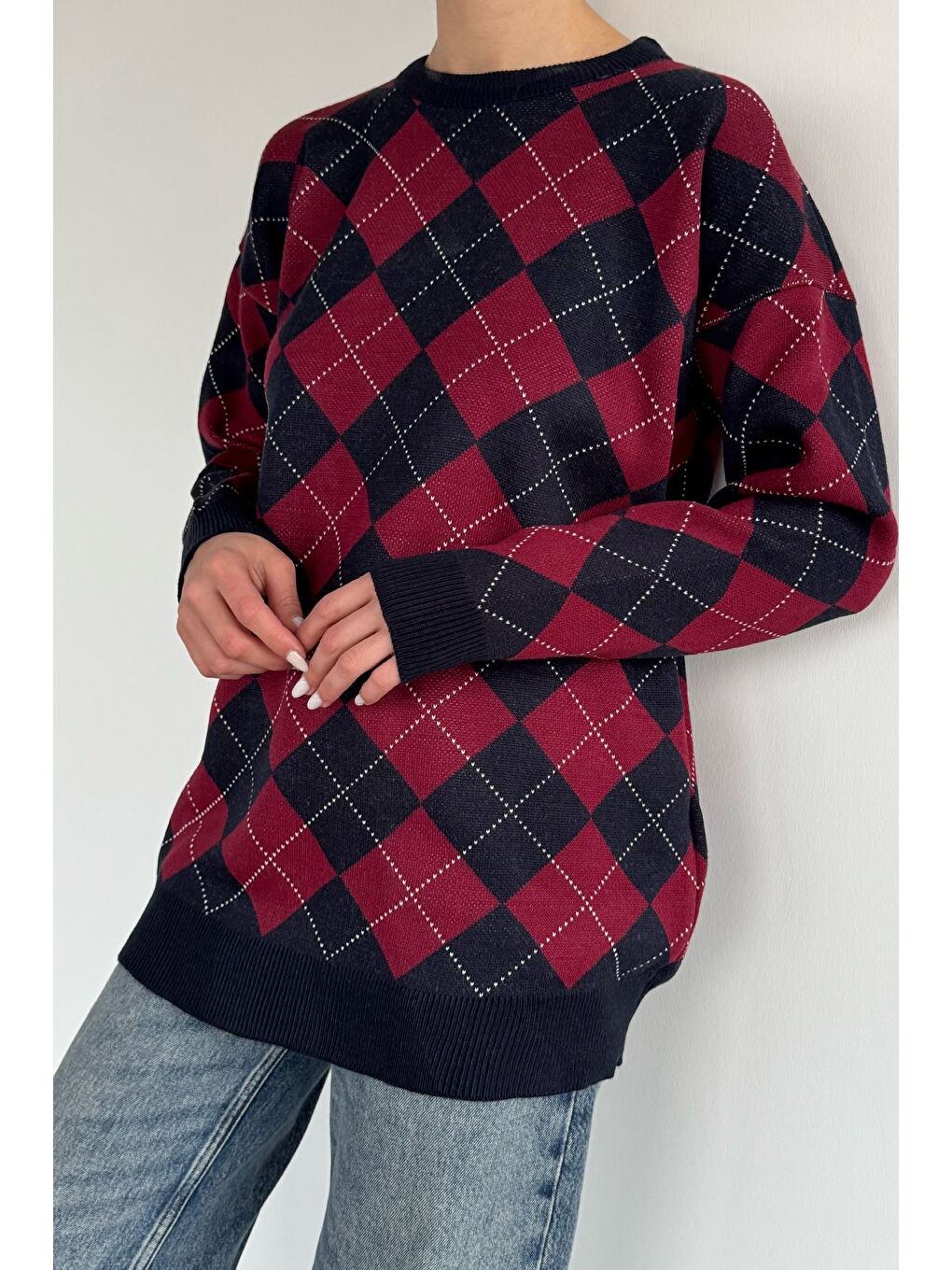 Bordo Kadın Ekose Desenli Bisiklet Yaka Triko Kazak-2