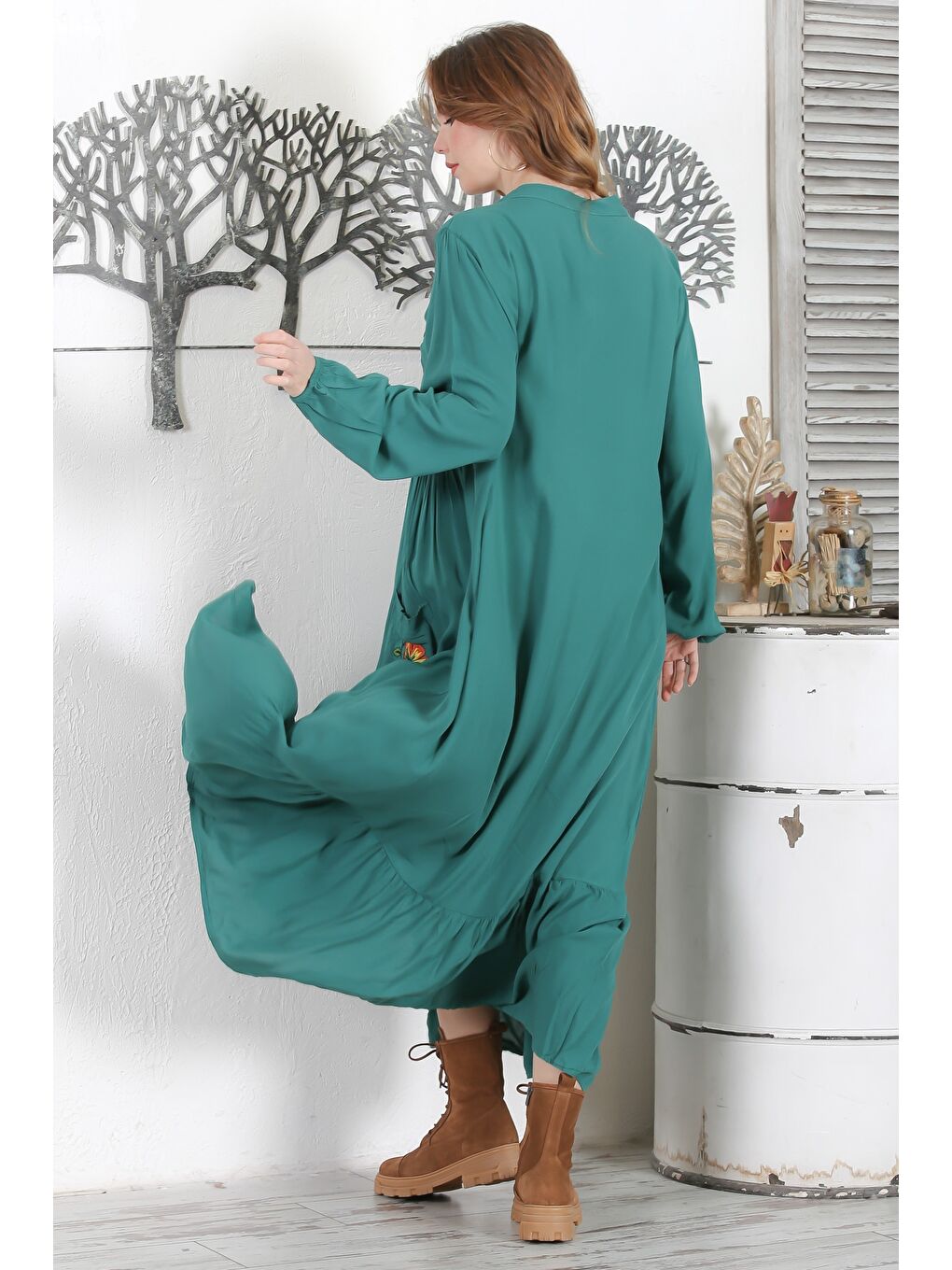 Petrol Mavisi Hakim Yaka 3/4 Kol Düğmeli Nakışlı Casual Oversize Dokuma Elbise 140 58-7