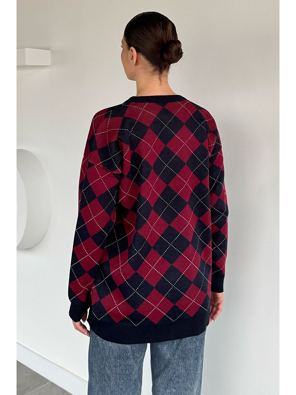 Bordo Kadın Ekose Desenli Bisiklet Yaka Triko Kazak-3