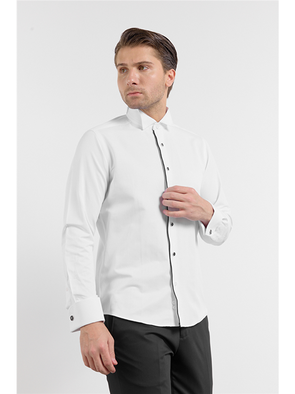 Beyaz Uzun Kol Ata Yaka Düz Pamuklu Slim Fit Gömlek 1004260215-2