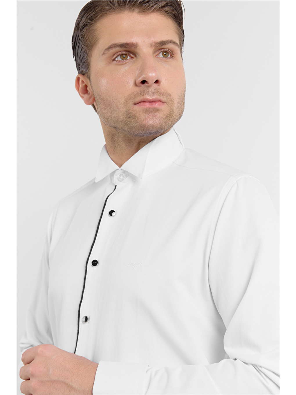 Beyaz Uzun Kol Ata Yaka Düz Pamuklu Slim Fit Gömlek 1004260215-3