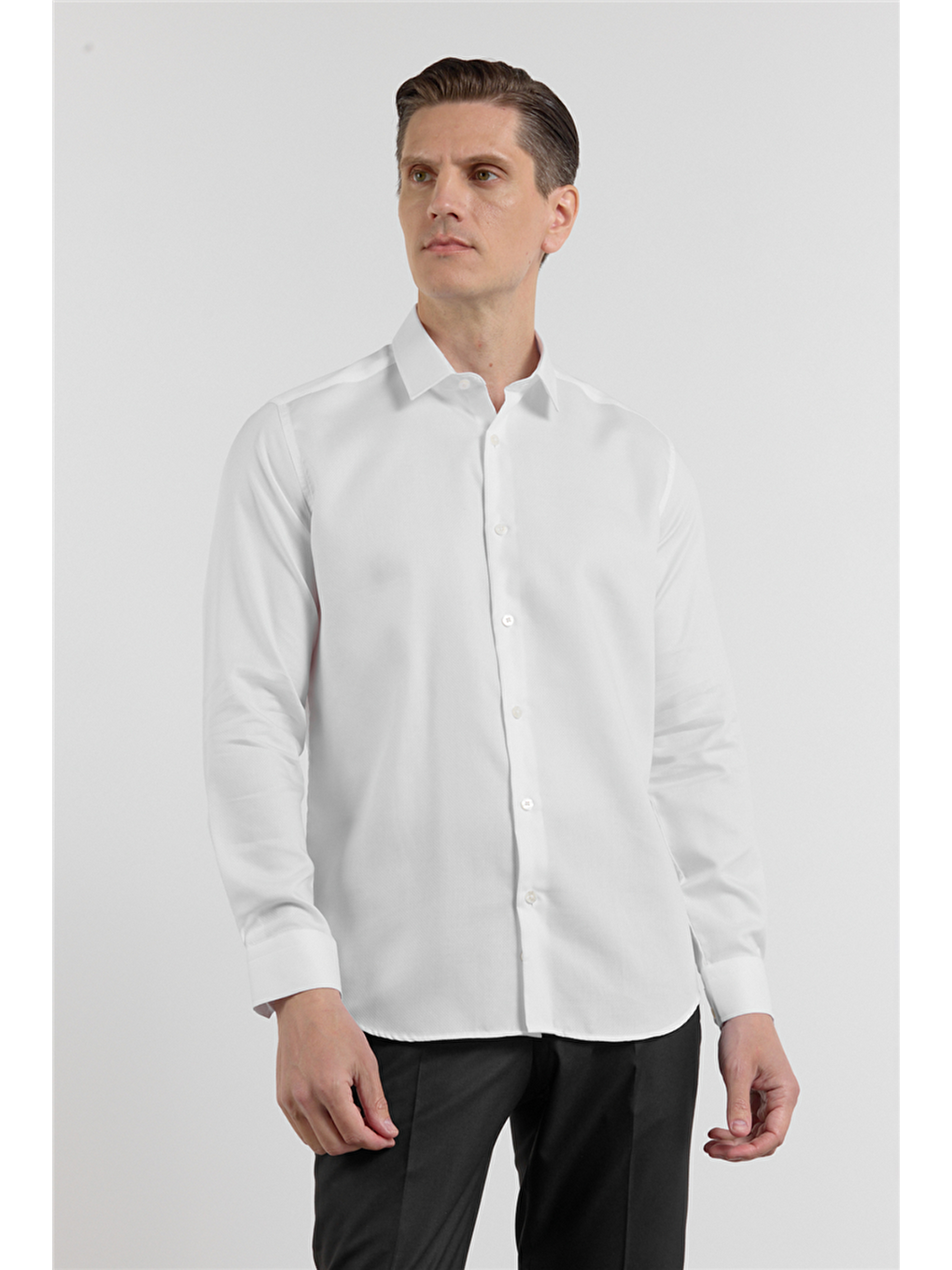 Beyaz Uzun Kol Sert Yaka Kendinden Desenli %100 Pamuk Slim Fit Gömlek 1004255202