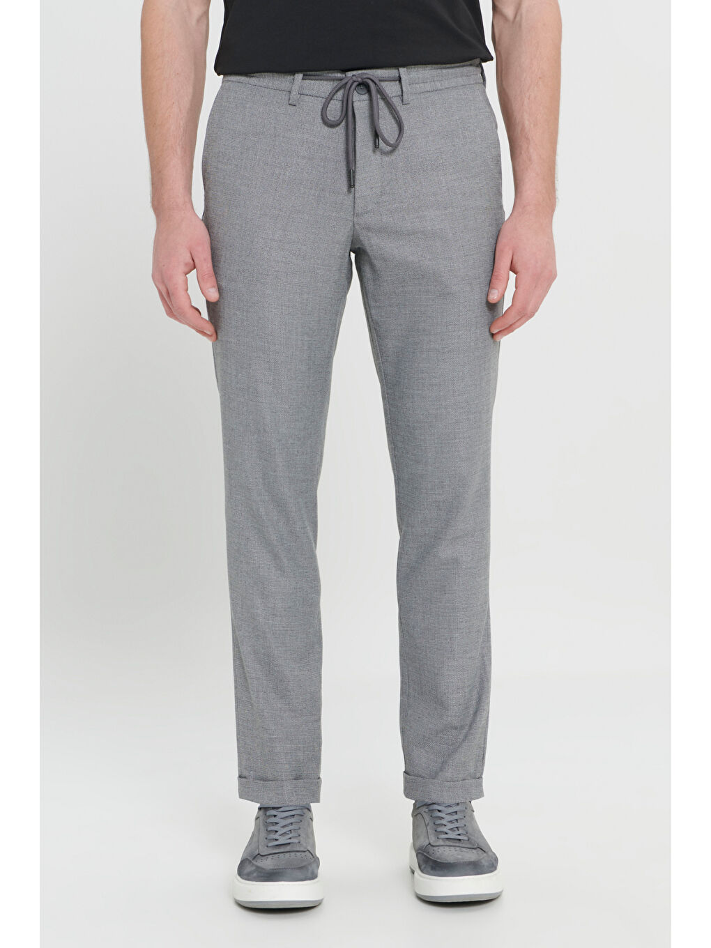 Erkek Siyah Comfort Fit Rahat Kesim Yan Cepli Desenli Beli Lastikli Pantolon