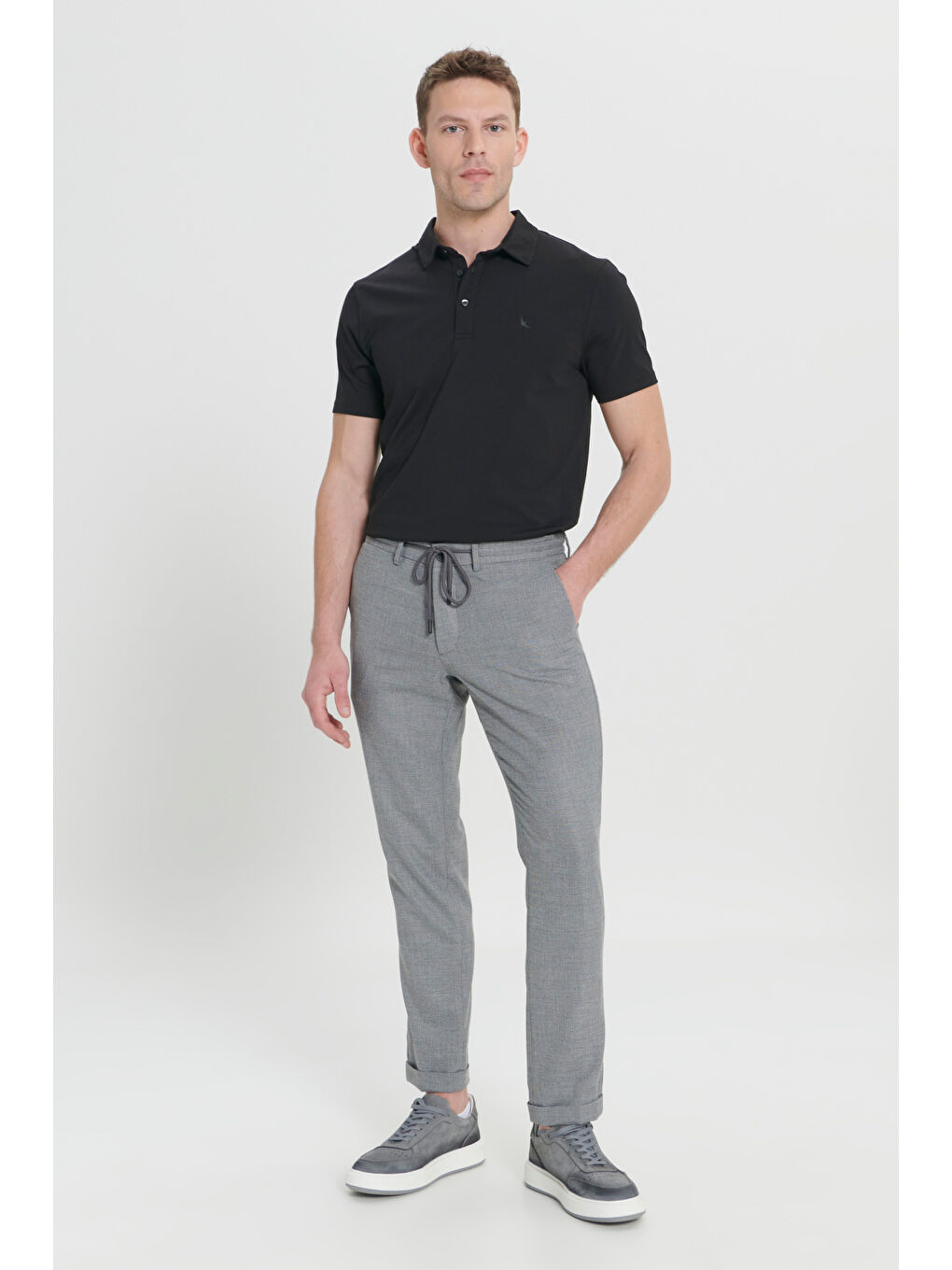 Erkek Siyah Comfort Fit Rahat Kesim Yan Cepli Desenli Beli Lastikli Pantolon-1