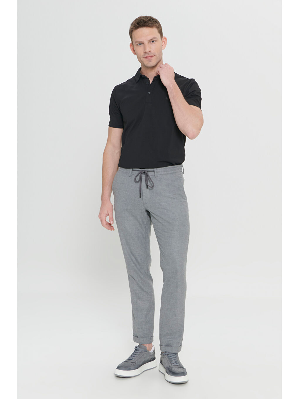 Erkek Siyah Comfort Fit Rahat Kesim Yan Cepli Desenli Beli Lastikli Pantolon-3