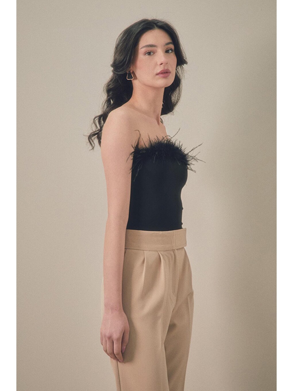 Siyah Basic Tüylü Straplez Crop Bluz-3