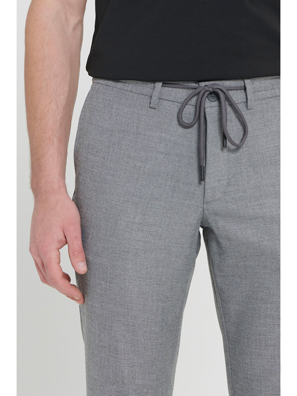 Erkek Siyah Comfort Fit Rahat Kesim Yan Cepli Desenli Beli Lastikli Pantolon-4