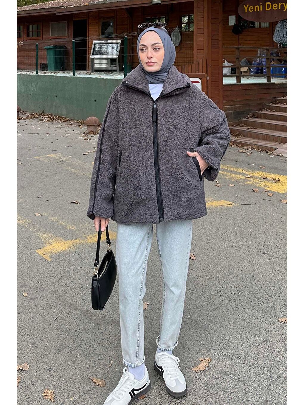 Gri Biye Detaylı Tedy Pelüş Mont Füme