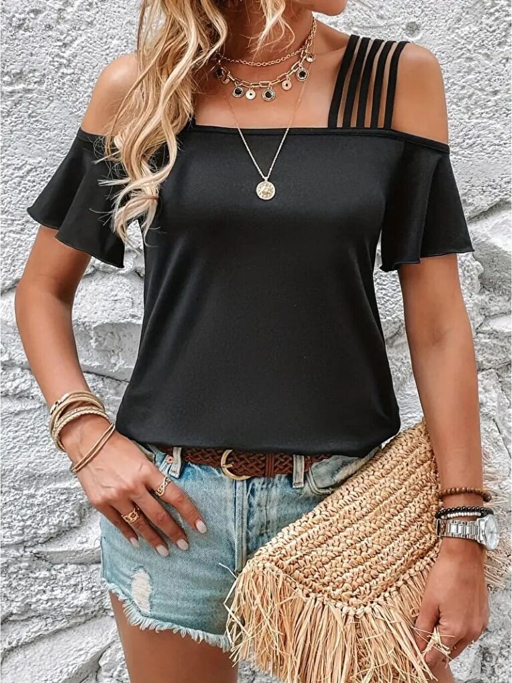 Siyah Kadın Kısa Kollu Beş Askılı Viskon Bluz-3