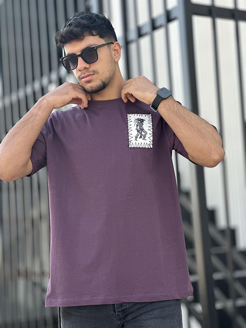 Ön Arka Peç Üzeri Baskılı Kısa Kollu Tişört Regular Fit-Mürdüm- 2304-3