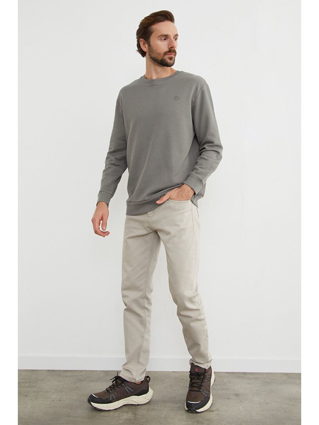 Haki Kabartma Baskılı Bisiklet Yaka Kazak-1