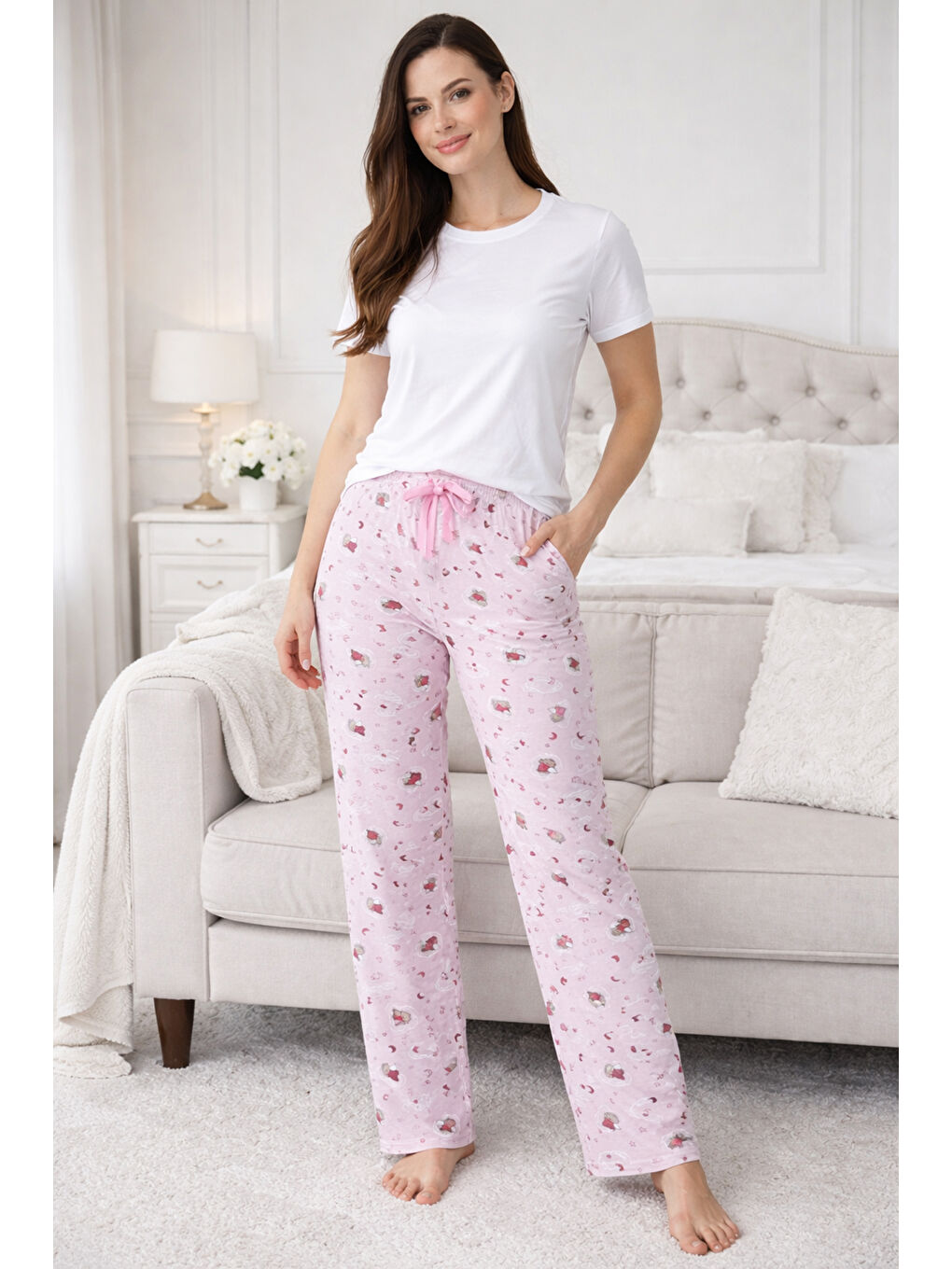 Pembe Kadın Viskon Kumaş Penye Tek Pijama Alt 01 Pudra-3