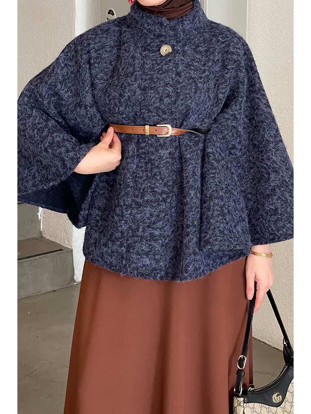 Hakim Yaka Kemer Detaylı Kaşe Panço Lacivert-2