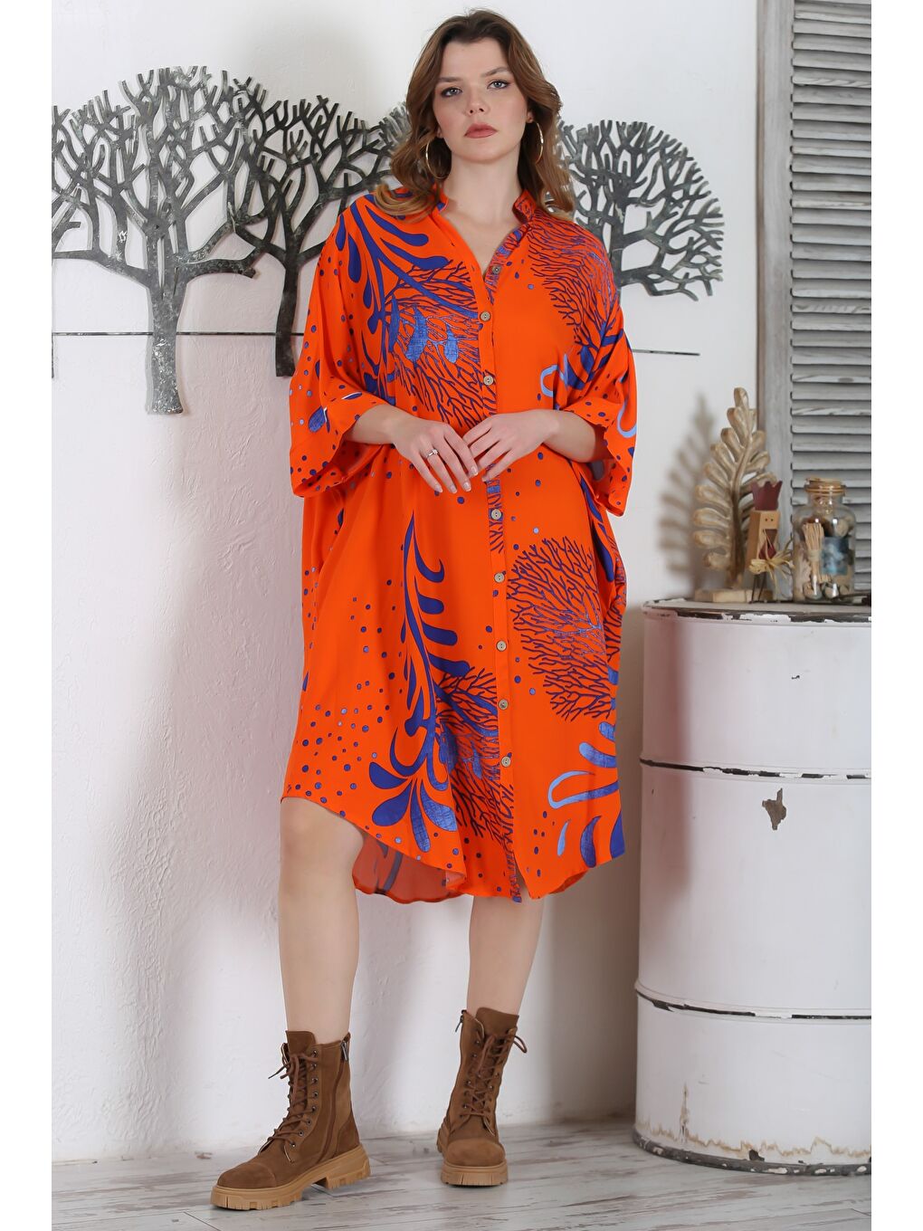 Turuncu Hakim Yaka 3/4 Kol Düğmeli Gizli Cepli Casual Oversize Dokuma Elbise 121 87